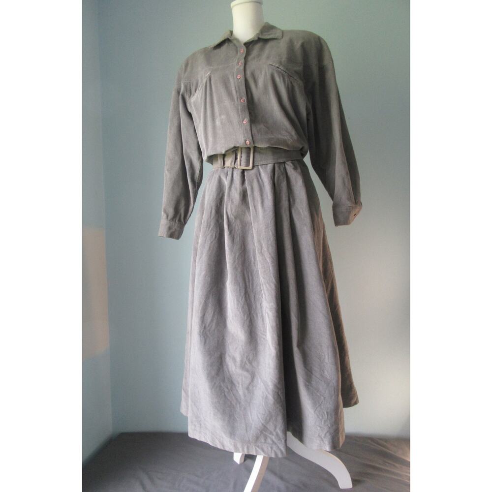 Vtg. Together Corduroy Midi Gray Button Front Dress Ladies 6 Prairie Western